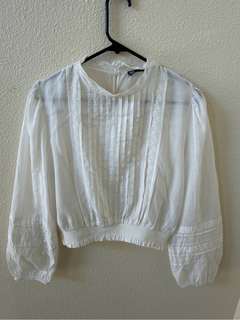 ZARA Ivory Pintuck Lace-Trim Blouse